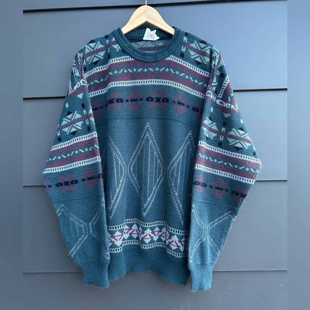 Vintage Geometric/Aztec Patterned Sweater - Green/brown/grey - Oversized XL - Picture 2 of 7